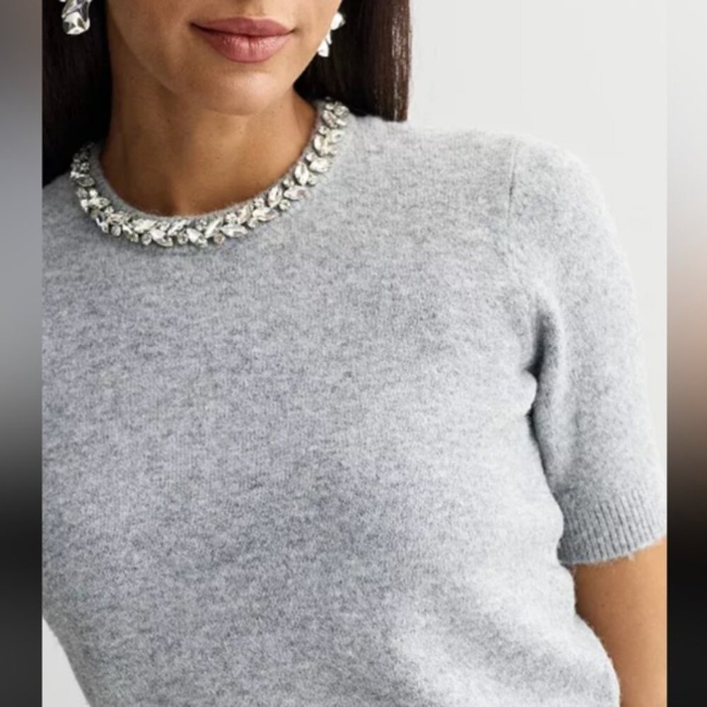 Marled Gray Sweater with Crystal Neckline